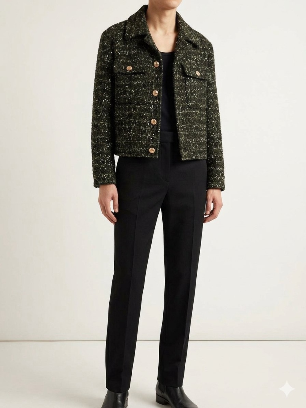 Marled Black Tweed Jacket with Gold Buttons
